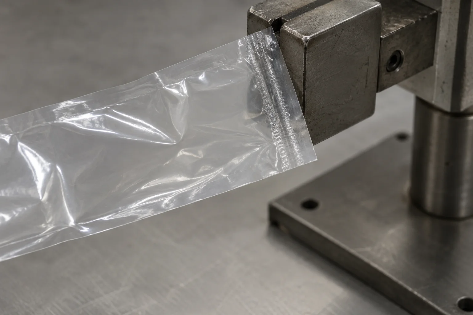 Transparent packaging film strip with sealed edge held by a metal grip